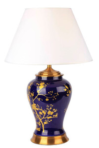 Casa Padrino Luxus Keramik Tischleuchte Blau / Gold / Wei  42 x H. 62 cm - Runde Keramik Schreibtischleuchte mit Lampenschirm - Luxus Keramik Leuchten