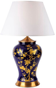 Casa Padrino Luxus Keramik Tischleuchte Blau / Gold / Wei  42 x H. 72 cm - Runde Keramik Schreibtischleuchte mit Lampenschirm - Luxus Keramik Leuchten