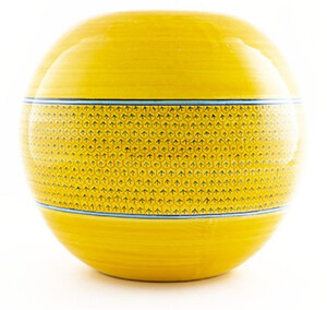 Casa Padrino Luxus Keramik Vase Gelb / Blau / Schwarz  30 x H. 26 cm - Runde handgefertigte & handbemalte Blumenvase - Deko Accessoires - Luxus Qualitt - Made in Italy