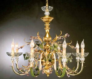 Casa Padrino Barock Kronleuchter Gr�n Gelb Elfenbein  90 x H. 80 cm 8-flammig - Handgefertigte Leuchte aus Italien - Barock Leuchten