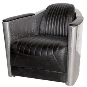 Casa Padrino Art Deco Aluminium Echtleder Sessel Schwarz / Silber 74,5 x 94 x H. 78 cm - Club Sessel - Lounge Sessel - Flugzeug Flieger Mbel