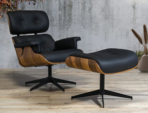 Casa Padrino Luxus Sessel mit Fuhocker Schwarz / Braun - Kunstleder Wohnzimmer Sessel mit Hocker - Wohnzimmer Mbel - Luxus Mbel