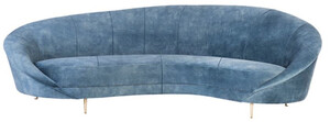 Casa Padrino Luxus Samt Sofa Blau / Messing 230 x 133 x H. 83 cm - Gebogenes Wohnzimmer Sofa mit edlem Samtstoff - Wohnzimmer Mbel - Hotel Mbel - Luxus Mbel