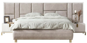 Casa Padrino Luxus Massivholz Schlafzimmer Set Grau / Wei / Gold - 1 Doppelbett mit Kopfteil & 2 Nachttische - Luxus Schlafzimmer Mbel