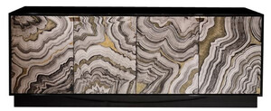 Casa Padrino Luxus Sideboard Schwarz / Grau / Gold 200 x 40 x H. 76 cm - Massivholz Schrank mit 4 handbemalten T�ren - Luxus M�bel - Luxus Kollektion