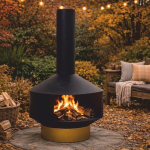 Casa Padrino Luxus Metall Gartenkamin Schwarz / Messing H. 105 cm - Garten Accessoires