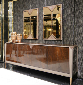 Casa Padrino Luxus Mbel Set Dunkelbraun / Grau / Kupfer / Gold - 1 Luxus Sideboard mit 4 Tren & 2 Luxus Wandspiegel - Esszimmer Mbel - Esszimmer Einrichtung - Luxus Mbel - Luxus Einrichtung
