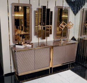 Casa Padrino Luxus M�bel Set Grau / Gold - 1 Luxus Sideboard mit 4 T�ren & 3 Luxus Spiegel - Luxus M�bel - Luxus Kollektion