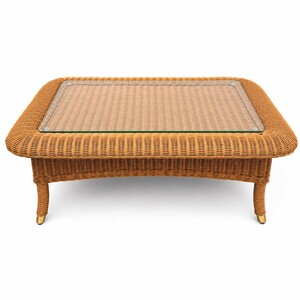 Casa Padrino Luxus Rattan Couchtisch mit Glasplatte Honigfarben 98 cm - Hotel M�bel - Rattan M�bel - Luxus M�bel