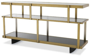 Casa Padrino Luxus Konsole Messingfarben / Schwarz 180 x 46 x H. 91 cm - Edelstahl Schrank mit Glasregalen - Regalschrank - Wohnzimmer Schrank - B�roschrank - Luxus Qualit�t