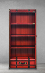 Casa Padrino Luxus Regalschrank in Koffer Optik Rot / Schwarz / Braun / Messing 84 x 35 x H. 187,5 cm - Massivholz Schrank mit Echtleder - Bro Schrank - Bro Mbel - Luxus Mbel in Koffer Optik