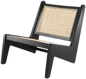 Casa Padrino Designer Wohnzimmer Sessel Schwarz / Naturfarben 75 x 89 x H. 77,5 cm - Massivholz Sessel mit handgewebtem Rattangeflecht - Luxus M�bel