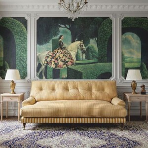 Casa Padrino Luxus Samt Sofa mit Streifen Gelb / Wei� / Dunkelbraun / Messing 200 cm - Wohnzimmer Sofa - Hotel Sofa - Luxus M�bel