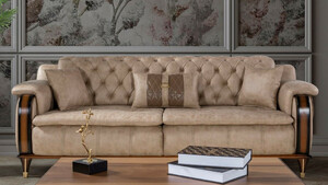 Casa Padrino Luxus Chesterfield Schlafsofa Beige / Braun / Schwarz / Gold 222 x 98 x H. 80 cm - Modernes Wohnzimmer Sofa - Luxus Wohnzimmer M�bel