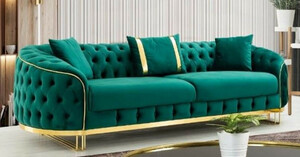 Casa Padrino Luxus Chesterfield Sofa Grn / Gold 240 x 95 x H. 72 cm - Modernes Wohnzimmer Sofa - Chesterfield Wohnzimmer Mbel