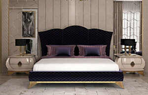 Casa Padrino Luxus Art Deco Schlafzimmer Set Lila / Cremefarben / Gold - 1 Doppelbett mit Kopfteil & 2 Nachttische - Art Deco Schlafzimmer & Hotel Mbel - Luxus Kollektion