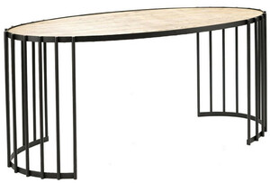 Casa Padrino Luxus Schreibtisch Naturfarben / Schwarz 160 x 40 x H. 74 cm - Ovaler Brotisch mit Massivholz Tischplatte und Metall Gestell - Luxus Brombel