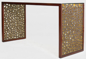 Casa Padrino Designer Schreibtisch mit Glasplatte Braun / Bronze / Gold 140 x 55 x H. 77 cm - Brotisch - Computertisch - Luxus Bro Mbel