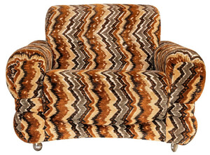 Casa Padrino Luxus 70er Jahre Design Sessel Beige / Braun / Schwarz 94 x 93 x H. 70 cm - Retro Wohnzimmer Sessel mit Rollen - 70er Jahre Design Wohnzimmer Mbel