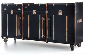 Casa Padrino Luxus Sideboard in Koffer Optik Schwarz / Braun / Messing 200 x 48 x H. 101 cm - Massivholz Kofferschrank mit Rollen - B�ro Schrank - Wohnzimmer Schrank - Luxus M�bel