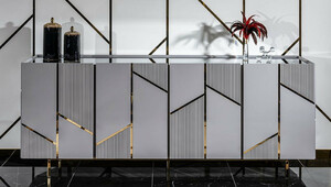 Casa Padrino Luxus Sideboard Grau / Gold 220 x 51 x H. 86 cm - Massivholz Schrank mit 4 T�ren - Esszimmer M�bel - Wohnzimmer M�bel - Hotel M�bel - Luxus M�bel