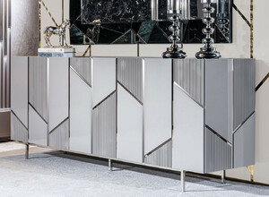 Casa Padrino Luxus Sideboard Grau / Silber 220 x 51 x H. 86 cm - Massivholz Schrank mit 4 T�ren - Esszimmer M�bel - Wohnzimmer M�bel - Hotel M�bel - Luxus M�bel