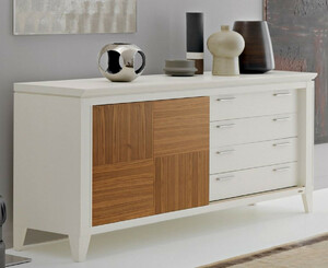 Casa Padrino Luxus Sideboard Wei� / Braun 197 x 53 x H. 88 cm - Edler Massivholz Schrank mit Schiebet�r und 4 Schubladen - Luxus M�bel - Luxus Qualit�t - Made in Italy