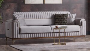Casa Padrino Luxus Wohnzimmer Sofa mit Schlaffunktion Grau / Gold 225 cm - Luxus M�bel
