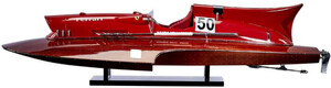 Casa Padrino Luxus Speedboot mit Massivholz St�nder Rot / Braun 97 x 35 x H. 22 cm - Handgefertigtes Deko Holzboot Modellboot Boot - Deko Accessoires