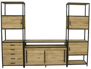 Casa Padrino Luxus TV Schrank Naturfarben / Schwarz 300 x 45 x H. 212,5 cm - 3 teiliger Wohnzimmer Schrank - Wohnzimmer M�bel - Luxus M�bel