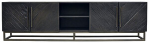 Casa Padrino Luxus Massivholz TV Schrank Schwarz / Messing 220 x 43 x H. 60 cm - Rustikales Eichenholz Wohnzimmer Sideboard mit 4 Tren - Rustikale Luxus Massivholz Wohnzimmer Mbel