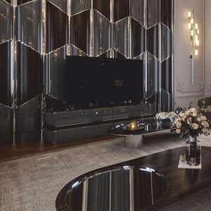 Casa Padrino Luxus TV Schrank Grau / Dunkelbraun / Silber 233 cm - Wohnzimmer & Hotel M�bel