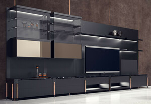 Casa Padrino Luxus TV Schrank Matt Schwarz / Schwarz / Kupfer 452 x 47 x H. 202 cm - Wohnzimmer Schrank mit LED Beleuchtung - Wohnzimmer M�bel - Hotel M�bel - Luxus M�bel