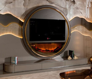 Casa Padrino Luxus TV Schrank Set Grau / Gold - Wohnzimmer Sideboard mit LED Kamin - Wohnzimmer Mbel - Hotel Mbel - Luxus Mbel