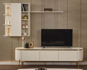 Casa Padrino Luxus TV Schrank Set Wei / Gold - Wohnzimmer Sideboard mit Hngeschrank - Wohnzimmer Mbel - Hotel Mbel - Luxus Mbel