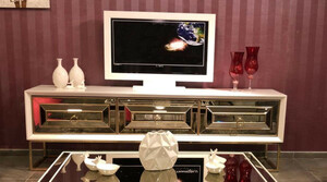 Casa Padrino Luxus TV Schrank mit 3 verspiegelten Schubladen Wei / Gold 220 x 49 x H. 64 cm - Wohnzimmer Mbel - Luxus Qualitt