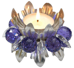 Casa Padrino Luxus Teelichthalter mit Swarovski Kristallglas Silber / Violett  9 x H. 6 cm - Luxus Wohnzimmer Deko Accessoires