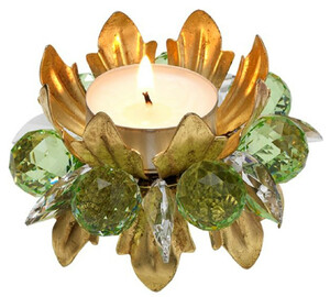 Casa Padrino Luxus Teelichthalter mit Swarovski Kristallglas Gold / Grn  9 x H. 6 cm - Luxus Wohnzimmer Deko Accessoires