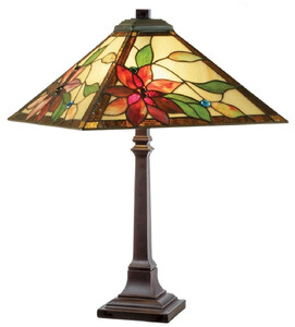 Casa Padrino Luxus Tiffany Tischleuchte Mehrfarbig 43 x 43 x H. 64 cm - Tiffany Schreibtischleuchte mit quadratischem Lampenschirm - Luxus Interior - Luxus Leuchten - Tiffany Leuchten