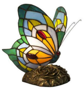 Casa Padrino Luxus Tiffany Tischleuchte Schmetterling Grn / Mehrfarbig 17 x 17 x H. 23 cm - Tiffany Schreibtischleuchte - Luxus Interior - Luxus Art Deco Leuchten - Tiffany Leuchten