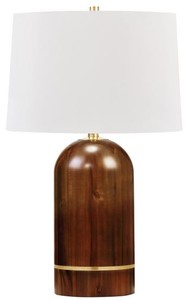 Casa Padrino Luxus Tischleuchte Braun / Antik Messing / Wei  40,6 x H. 66 cm - Elegante Massivholz Tischlampe mit rundem Leinen Lampenschirm