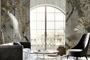 Casa Padrino Luxus Vorhang Set Weier Pfau im Wald Grau / Mehrfarbig 250 x H. 290 cm - Bedruckte Leinen & Samt Vorhnge - senvorhnge - Schiebevorhnge - Luxus Wohnzimmer Vorhnge