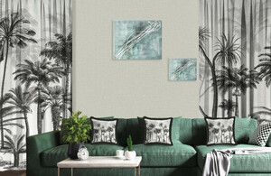 Casa Padrino Luxus Vorhang Set Palmen Grau / Schwarz 250 x H. 290 cm - Bedruckte Leinen & Samt Vorhnge - senvorhnge - Schiebevorhnge - Luxus Deko Accessoires