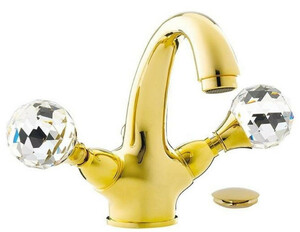 Casa Padrino Luxus Waschtisch Armatur mit Swarovski Kristallglas Gold H. 15 cm - Einlochbatterie mit Ablaufgarnitur - Luxus Bad Zubehör - Made in Italy