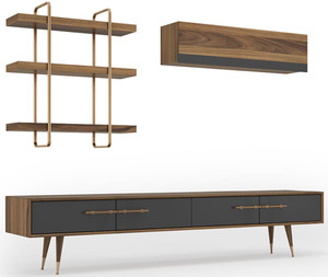 Casa Padrino Luxus Wohnzimmer TV Schrank Set Braun / Grau / Messingfarben - 1 TV Schrank & 1 H�ngeschrank & 1 Wandregal - Edles Wohnzimmer M�bel Set - Luxus M�bel