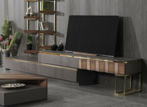 Casa Padrino Luxus Wohnzimmer TV Schrank Set Grau / Braun / Gold - 1 TV Schrank mit 4 Schubladen & 2 Wandregale - Wohnzimmer M�bel - Massivholz M�bel - Luxus M�bel - Luxus Einrichtung