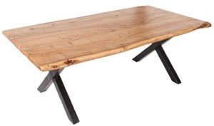 Casa Padrino Massivholz Couchtisch mit Metallbeinen Naturfarben / Schwarz 118 x 60 x H. 40 cm - Rechteckiger Wohnzimmertisch - Massivholz Wohnzimmer M�bel