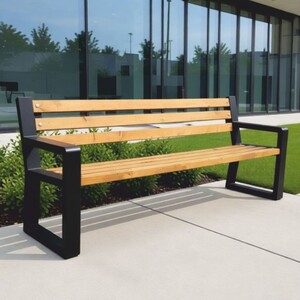 Casa Padrino Parkbank mit R�ckenlehne und Armlehnen Naturfarben / Schwarz 200 cm - Stadtbank - Gartenbank - Outdoor Sitzbank