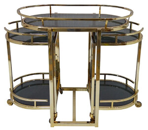 Casa Padrino Servierwagen Gold / Schwarz 79 x 46 x H. 84 cm - Ovaler Metall Trolley mit Glasplatten - Hotel Restaurant Gastronomie Trolley - Hotel & Restaurant Accessoires