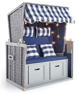 Casa Padrino Strandkorb Grau / Blau / Wei� 116 x 76 x H. 160 cm - Holz Strandkorb mit Dach und LED Beleuchtung - Garten M�bel - Pool M�bel - Outdoor M�bel